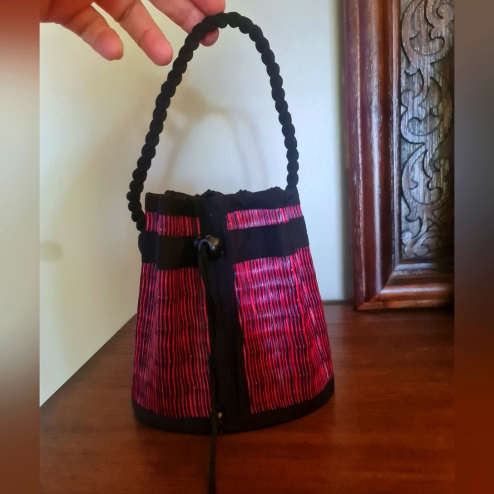 Unique Red Black Reed Mini Cocktail Evening Bag Satin Cord Drawstring Close